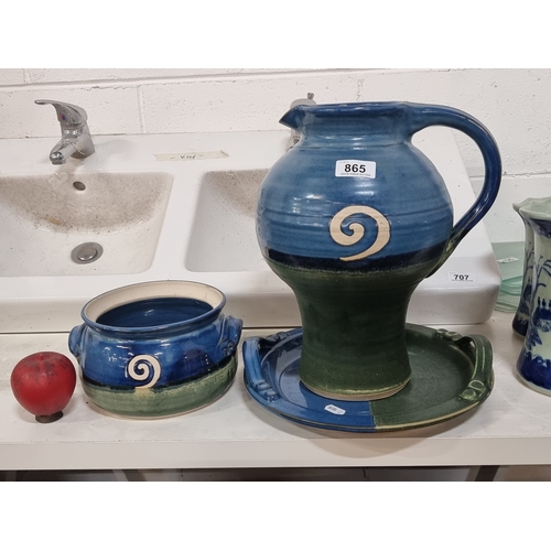 865 - Three fabulous pieces of Jack O'Patsy Irish pottery in the blue/green pattern, including a large cur... 