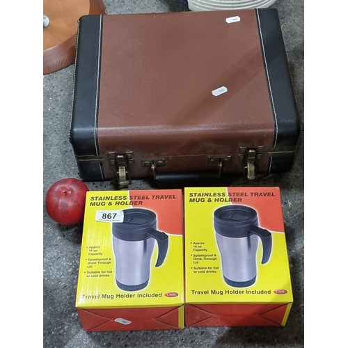 867 - A lot of three items comprising of two stainless steel travel mugs and a Crosley branded seven inch ... 