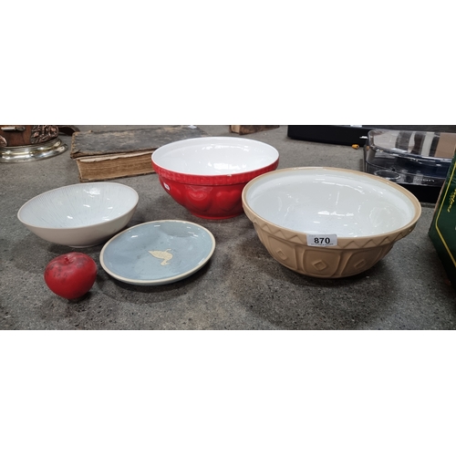 870 - Four ceramic items including two large high quality mixing bowls. Very slight chip on one.