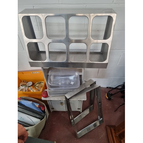 885 - A mixed lot of commercial kitchen items  including a large stainless steal eight grid coldvserve , a... 