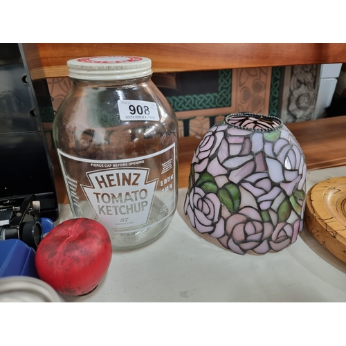 908 - Two items including a pretty glass lamp shade and a large  Heinz Tomato Ketchup branded storage jar.