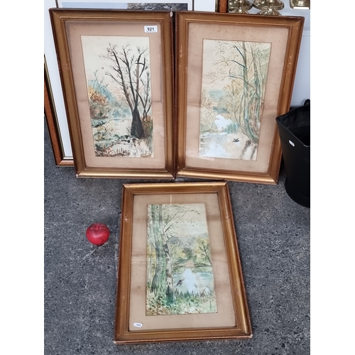 921 - Three original early 20th century watercolour on paper paintings depicting delicately rendered trees... 