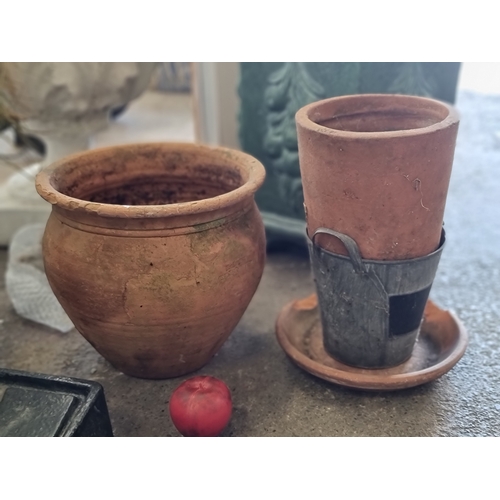 932 - Three planters including two terracotta examples and metal bucket example. Comes with a terracotta p... 