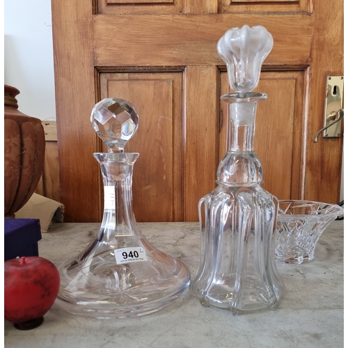 940 - Two handsome glass decanters including a handblown example with a tactile finish and another with a ... 