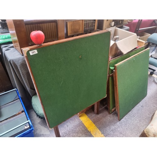 391 - Three vintage foldable card tables with wooden frames and fleece top.