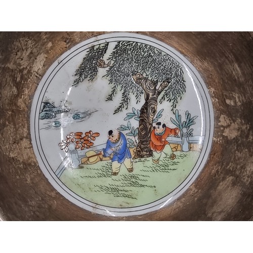 116 - Fabulous vintage Chinese ceramic and metal bowl featuring design depicting people working in a garde... 