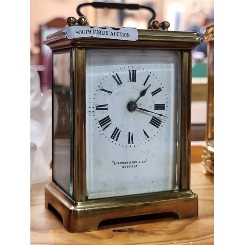 468 - Star Lot : A fine antique Edwardian carriage clock made by Sharman D. Neill Belfast. Features lovely... 