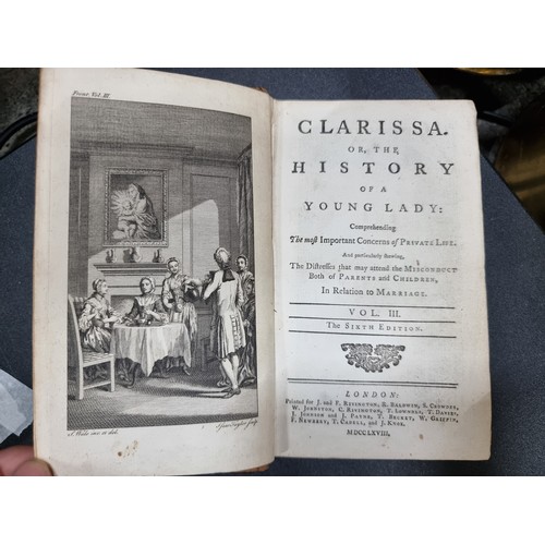 799 - Six antique hardback books titled 'Clarissa or The History of a Young Lady' by Samuel Richardson, in... 