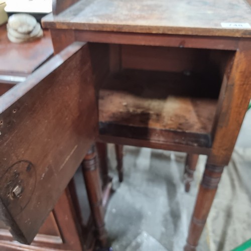 748 - A fabulous Victorian mahogany bedside cabinet with paneled cupboard door fitted with original turned... 