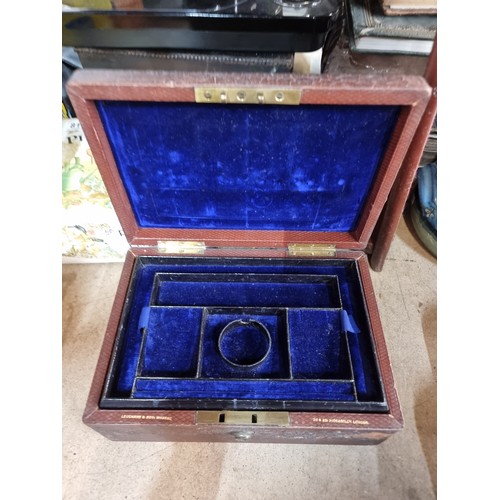 877 - A charming antique leather Leuchars & Son Makers jewellery box opening to reveal two velvet lined pu... 