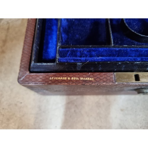 877 - A charming antique leather Leuchars & Son Makers jewellery box opening to reveal two velvet lined pu... 