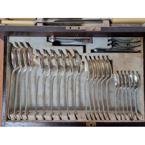 878 - A beautiful vintage cutlery set housed in a fabulous display case with pull out drawer, brass fittin... 