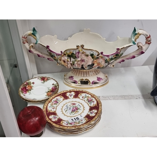 116 - Six ceramic items including Capodimonte centrepiece bowl and five Royal Albert side plates. All in v... 