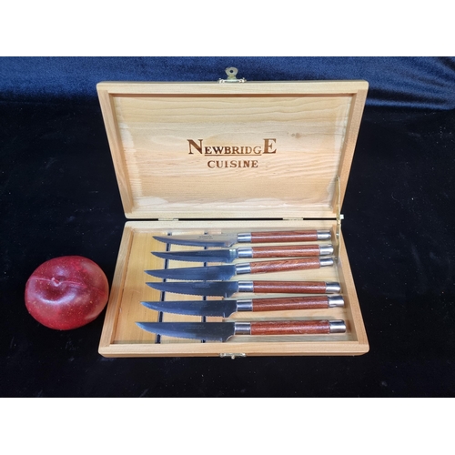 142 - A Newbridge Cuisine set of six steak knives with serrated blades and wooden handles.