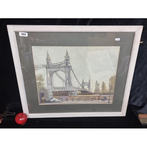 69 - A large original acrylic on paper painting showing London's Tower Bridge. Softly rendered in pastel ... 