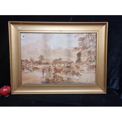 83 - Star Lot : A lovely antique original ink wash on paper painting showing a rural scene of farm worker... 