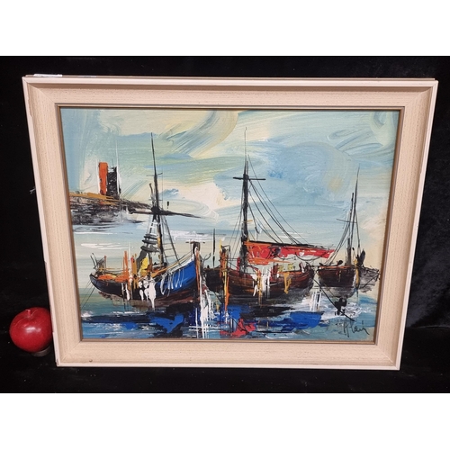 88 - An original vintage oil on board painting of moored wooden fishing boats. Rendered in a energetic st... 