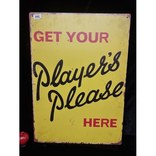 92 - A large printed metal wall sign advertising Player's cigarettes. 