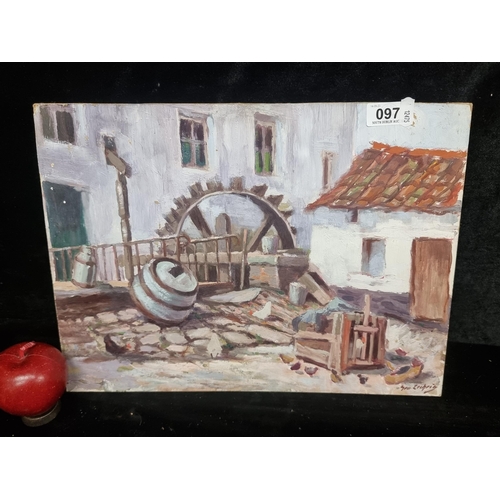 97 - An original oil on board painting featuring a town mill and waterwheel. Signed indistinctly by artis... 