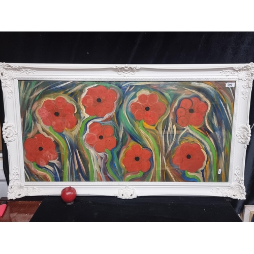 99 - A large original acrylic on board painting of vibrant poppies. Initialed bottom left OB and housed i... 