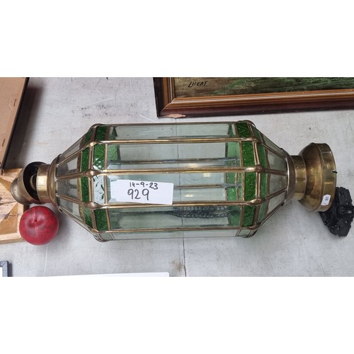 929 - A gorgeous vintage ceiling pendant light with a faceted glass shade featuring green detail and brass... 