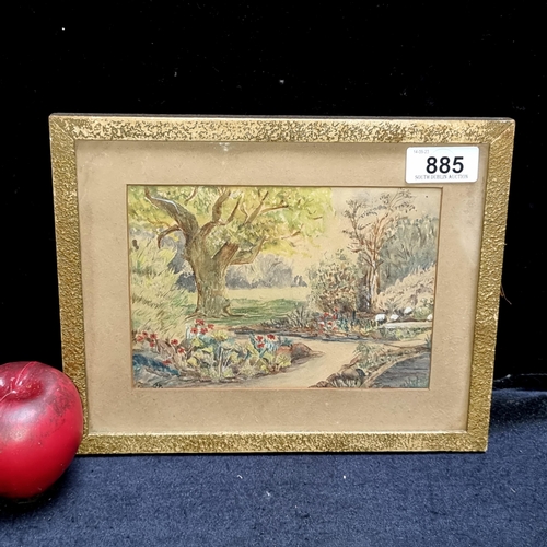 885 - A neatly sized antique original watercolour on paper painting showing a landscape scene of a lush ga... 