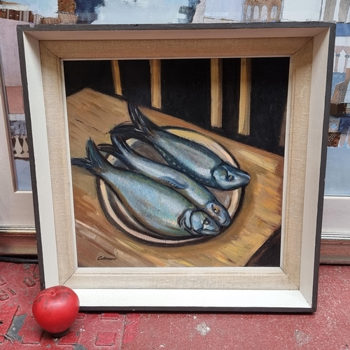 899 - Star Lot : A fantastic original oil on board painting featuring a still life study of three trout. F... 