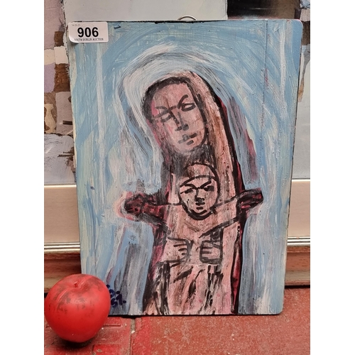 906 - Star Lot : A striking acrylic on board painting of the Madonna and child dating to 1957. Naive style... 