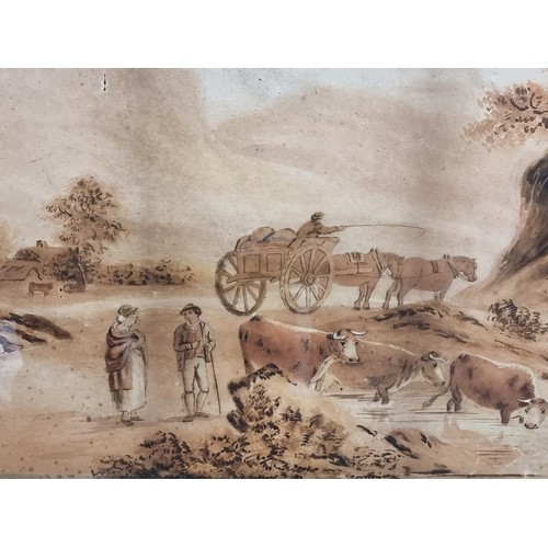 83 - Star Lot : A lovely antique original ink wash on paper painting showing a rural scene of farm worker... 