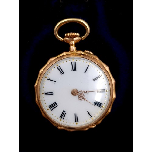 1 - Star Lot : A very attractive antique 18k gold fob watch, set with a bright white enamel dial and rom... 