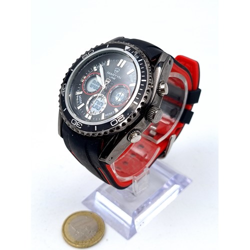 6 - A large heavy example of a sporty Martyn Line chronometer wrist watch, set with a black dial, red el... 