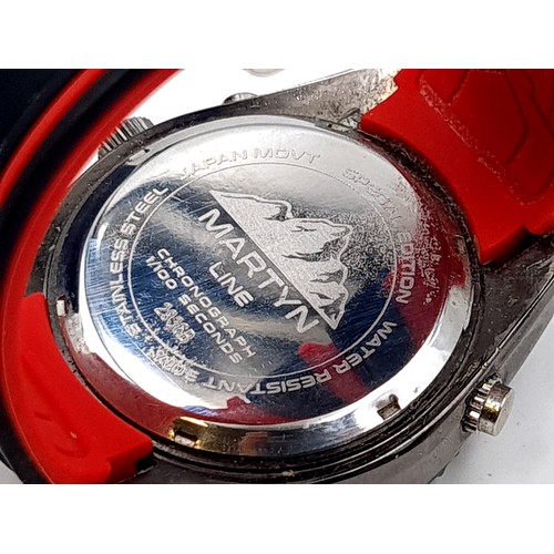 6 - A large heavy example of a sporty Martyn Line chronometer wrist watch, set with a black dial, red el... 