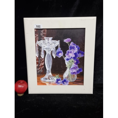 102 - An original acrylic on canvas painting featuring a still life of purple cranesbill geranium flowers ... 