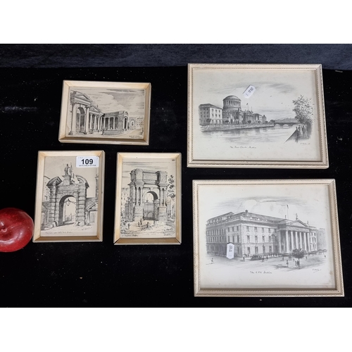 109 - Five prints of famous Dublin landmarks originally by artists W.G Spencer and Judges.