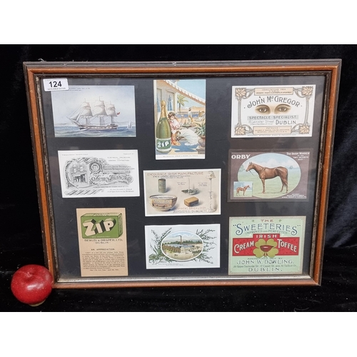 124 - A set of mounted and framed postcard and label advertising prints. Includes examples for Irish Cream... 