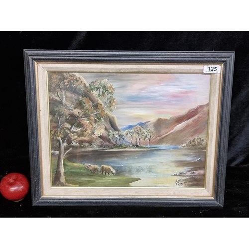 125 - An original oil on board painting featuring cattle in a still loughside landscape. Signed Bardon O'C... 