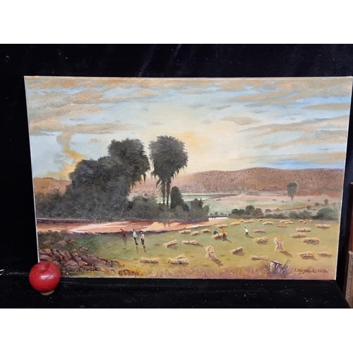 129 - An original Edin Alijagic (Bosnian b. 1951-) oil on canvas painting titled 'Harvest' and dating to 2... 