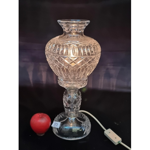 173 - A lovely large crystal hurricane lamp with a large shade and a three pronged plug. Featuring an insc... 