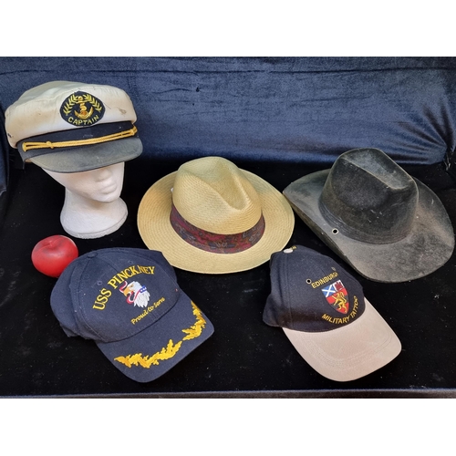 188 - Five hats including a straw hat, cowboy hat and a marine style example.