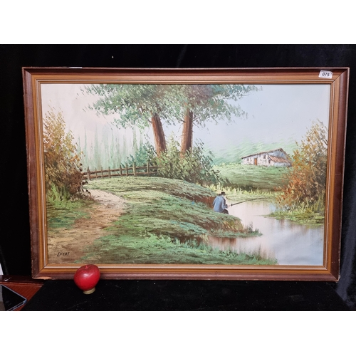 75 - A very large original oil on canvas painting featuring a man quietly fishing by the riverside under ... 