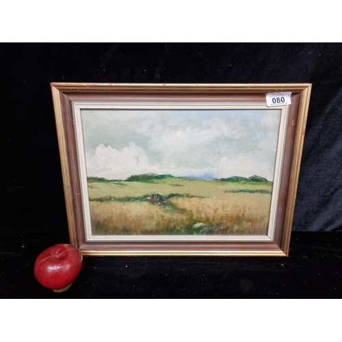 80 - A vintage original oil on canvas board painting of a rural landscape featuring rolling fields render... 