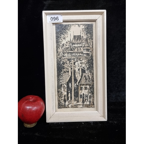 96 - A vintage original block print on paper featuring a detailed composition of an urban landscape scene... 