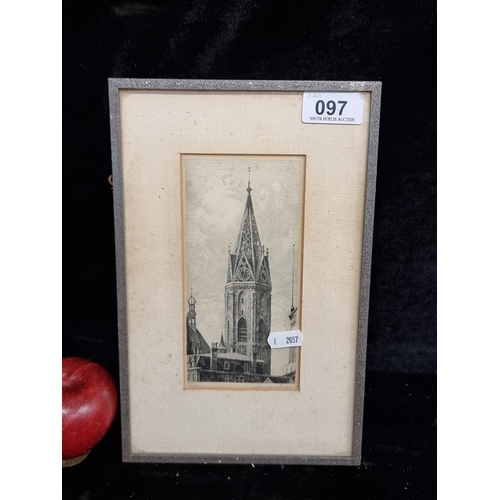 97 - A wonderful original limited edition (47/75) plate etching of a Dutch church steeple. Rendered in fi... 