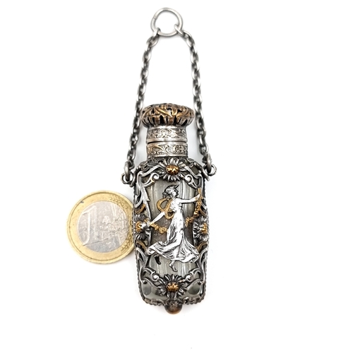 17 - An antique, art nouveau style perfume vile / bottle with hinged lid. Set in attractive detailed moun... 