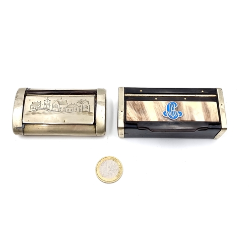 18 - A continental silver hinged snuff box with wooden interior set with village scene. Total weight 58 g... 