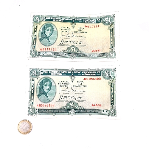 57 - Two Lady Lavery £1 notes. Both dated 26.8.52. In nice condition with no tears.