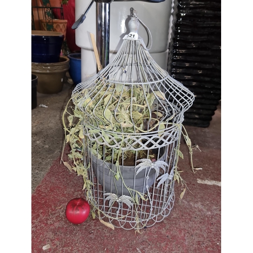 821 - A charming bird cage style planter with palm tree motifs and a hook for hanging.