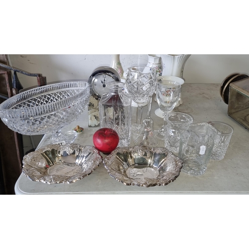 847 - Twelve items including Cavan Crystal footed centrepiece bowl, a decanter, tumblers, a mantle clock a... 