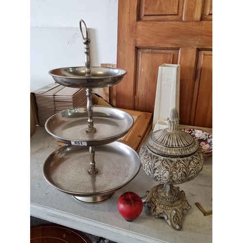 851 - Two items including a three-tier cake stand along with a box in the form of a footed urn.