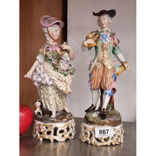 867 - Two antique Jacob Petite  porcelain figures of a Cavalier and a Lady in a floral dress with minor da... 